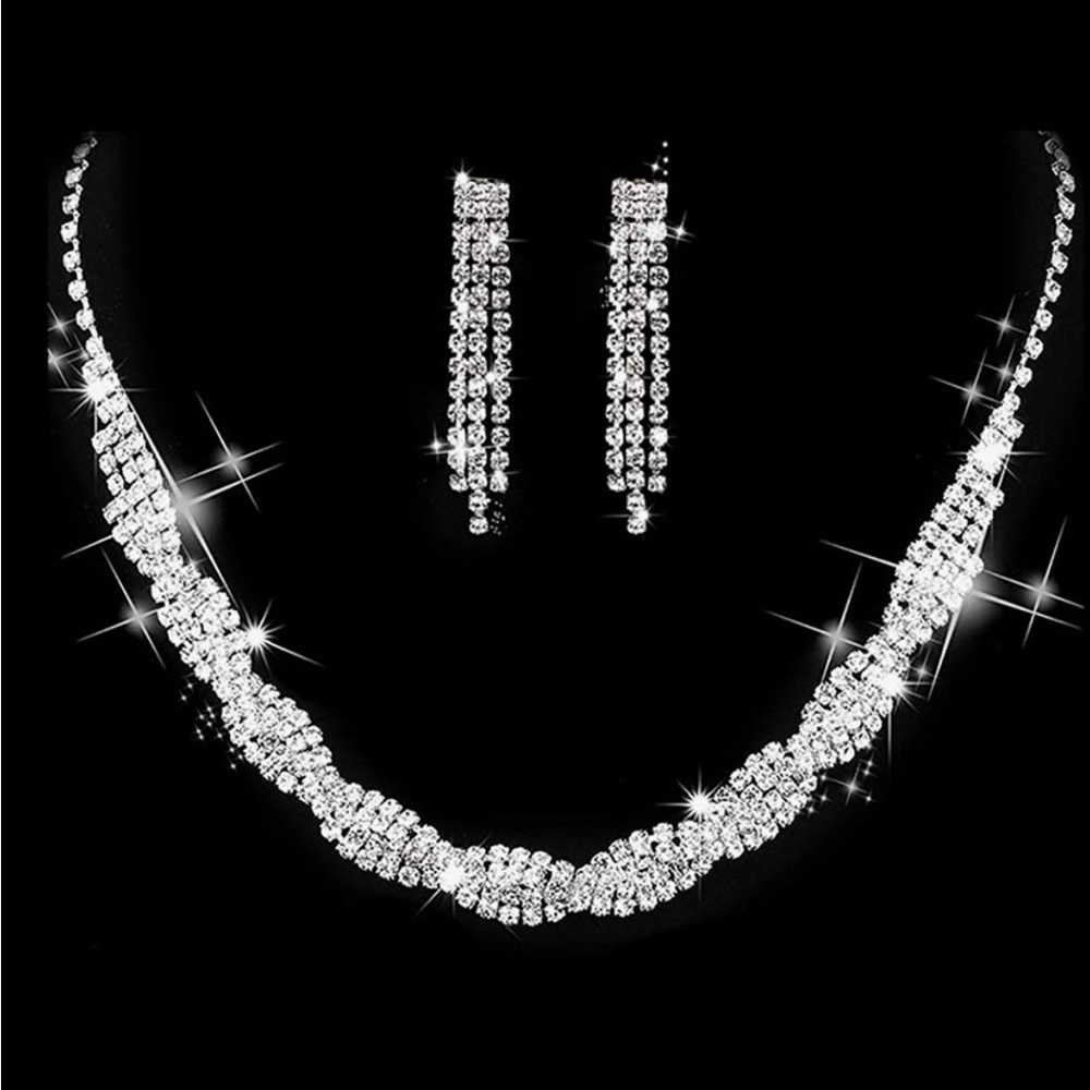 Silver Rhinestone Crystal Bridal Necklace and Earrings Set